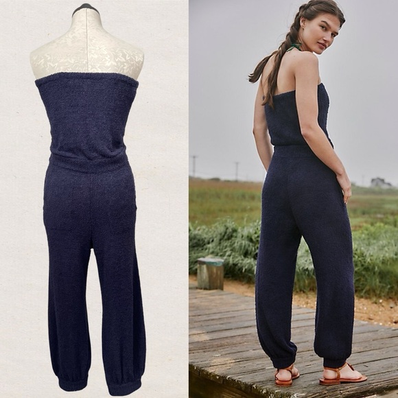 FP Beach Free People Claire One-Piece Pants Jumpsuit Navy Blue Terry Cloth Knit - Picture 4 of 8